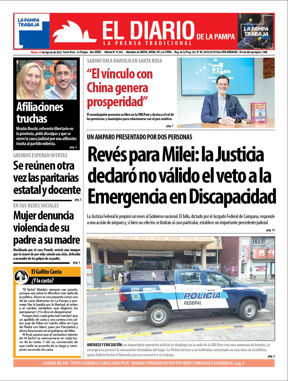 Tapa de El Diario en papel  martes 19 de agosto de 2025
